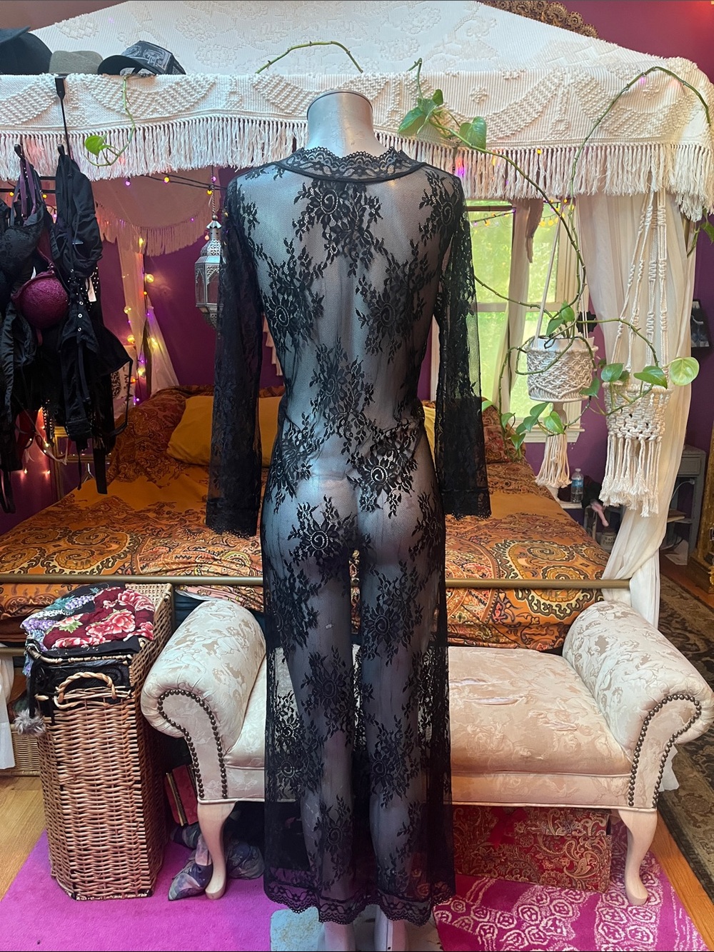 Black sheer lace tie front wide sleeve maxi robe kimono - Picture 3 of 4